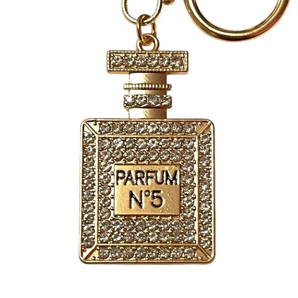 🤯5/$25🤯 Clear Crystal Parfum No.5 Perfume Bottle Gold Keychain